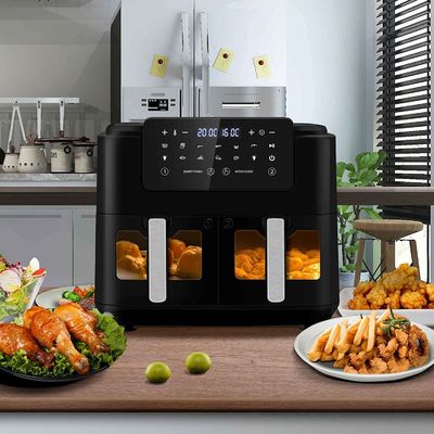 Ölfreier Dual Zone Air Fryer 9L Groß für Familie mit 2 Schubladen 10 Vorgaben 2400W Low Fat